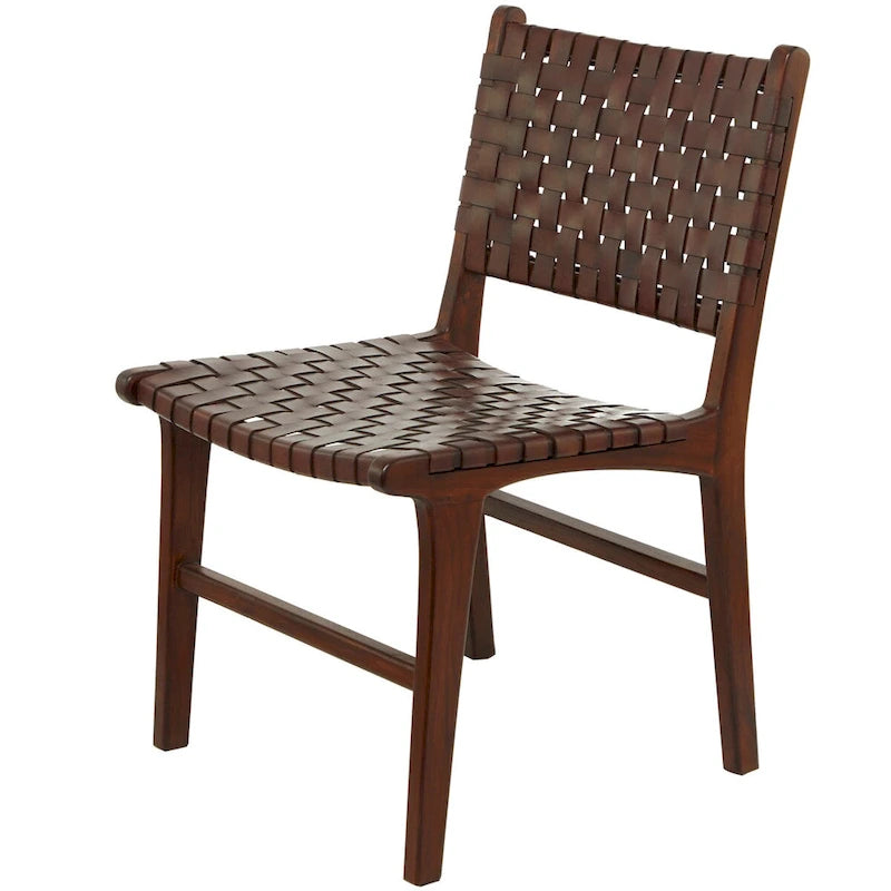 Chaise de salle à manger tressée à la main en cuir avec cadre en bois de teck - Lot de 2 Marron, Blanc ou Noir