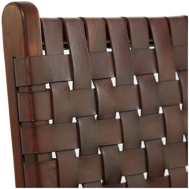 Chaise de salle à manger tressée à la main en cuir avec cadre en bois de teck - Lot de 2 Marron, Blanc ou Noir