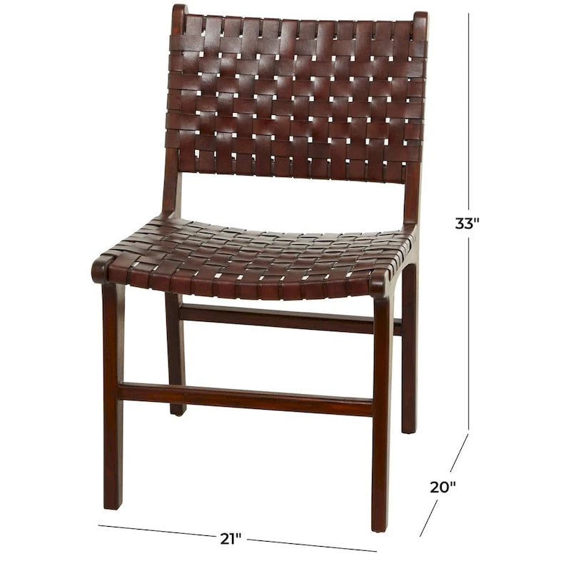 Chaise de salle à manger tressée à la main en cuir avec cadre en bois de teck - Lot de 2 Marron, Blanc ou Noir
