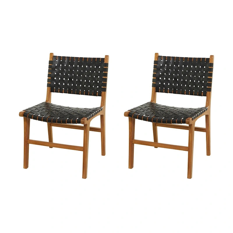Chaise de salle à manger tressée à la main en cuir avec cadre en bois de teck - Lot de 2 Marron, Blanc ou Noir