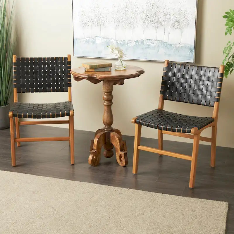 Chaise de salle à manger tressée à la main en cuir avec cadre en bois de teck - Lot de 2 Marron, Blanc ou Noir