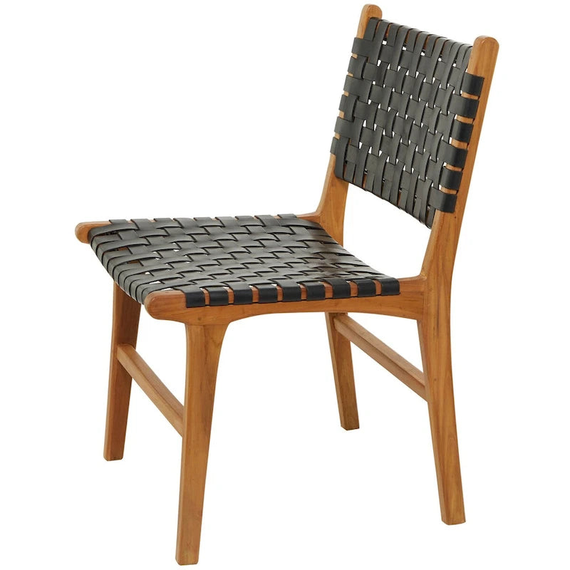 Chaise de salle à manger tressée à la main en cuir avec cadre en bois de teck - Lot de 2 Marron, Blanc ou Noir