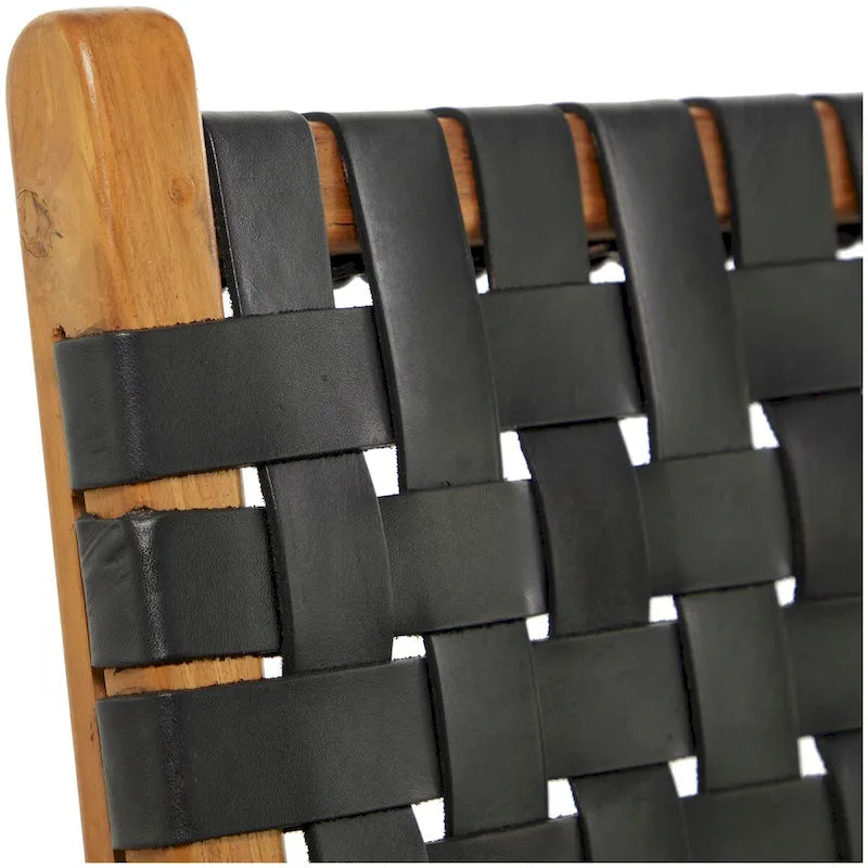 Chaise de salle à manger tressée à la main en cuir avec cadre en bois de teck - Lot de 2 Marron, Blanc ou Noir