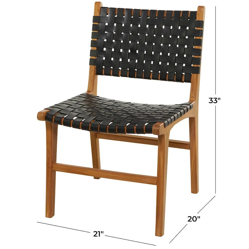 Chaise de salle à manger tressée à la main en cuir avec cadre en bois de teck - Lot de 2 Marron, Blanc ou Noir