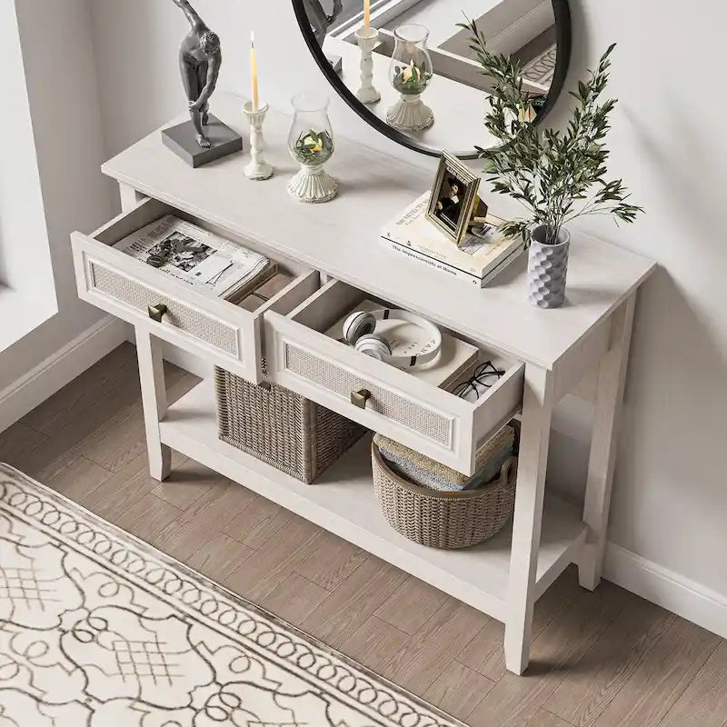 Console en rotin naturel de style bohème avec plateau élargi et 2 tiroirs