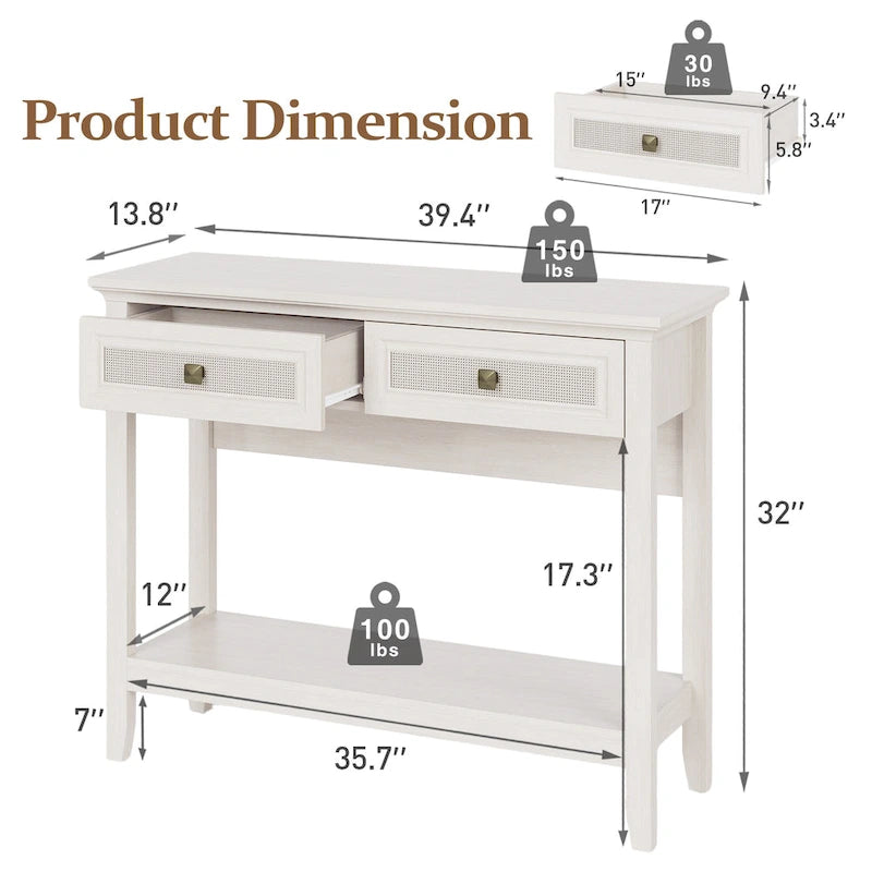 Console en rotin naturel de style bohème avec plateau élargi et 2 tiroirs