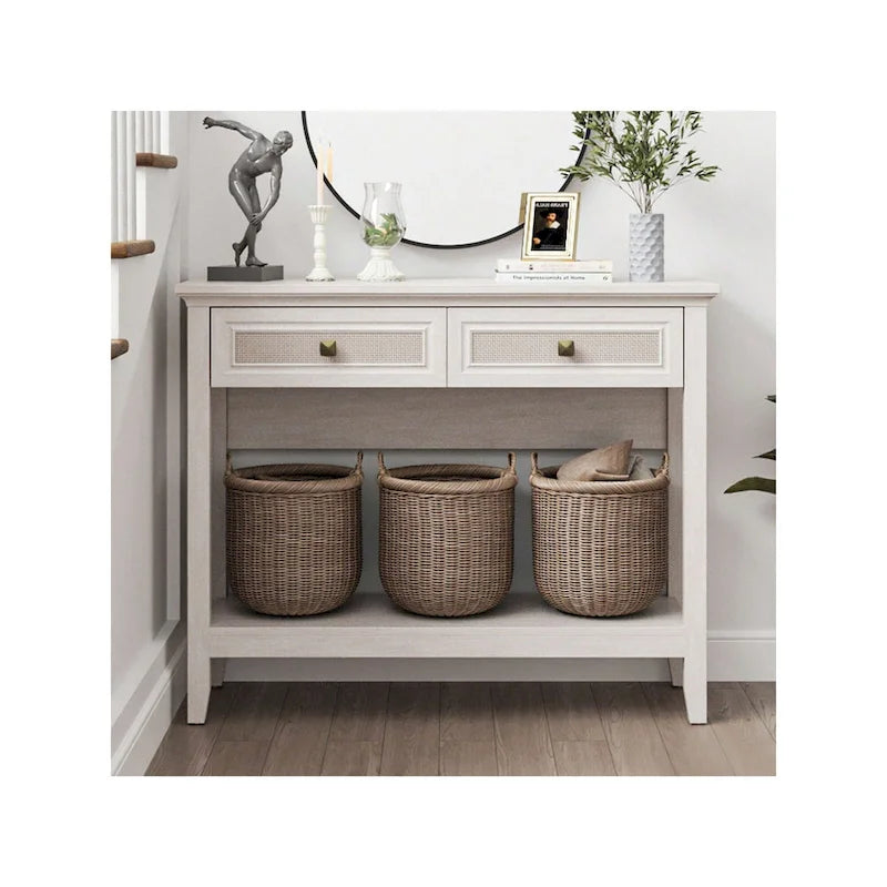Console en rotin naturel de style bohème avec plateau élargi et 2 tiroirs
