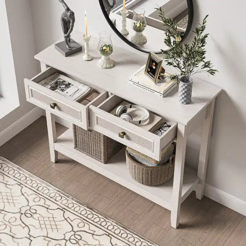 Console en rotin naturel de style bohème avec plateau élargi et 2 tiroirs