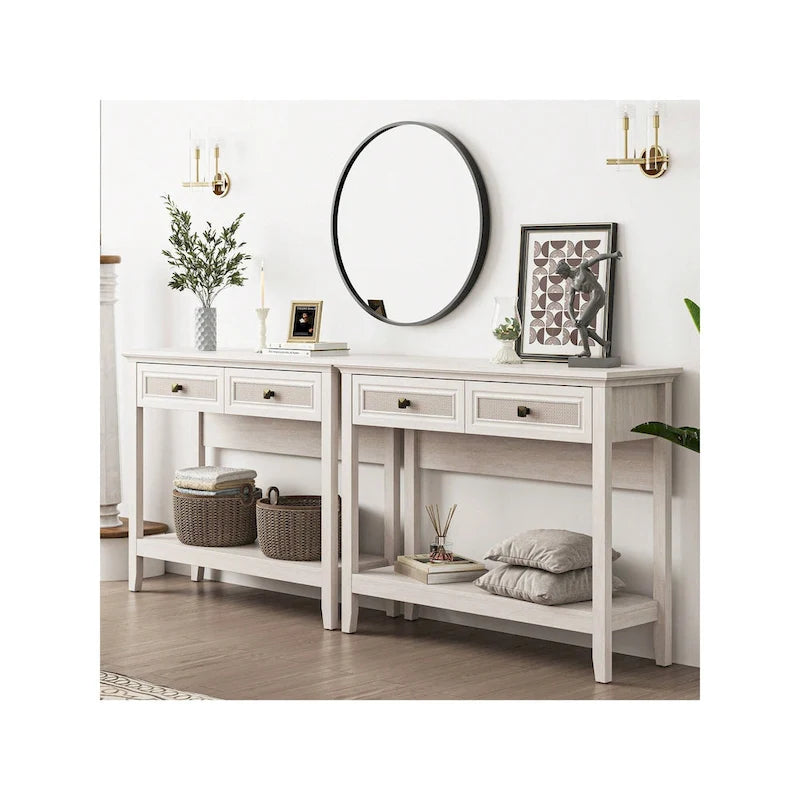 Console en rotin naturel de style bohème avec plateau élargi et 2 tiroirs