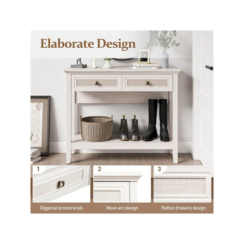 Console en rotin naturel de style bohème avec plateau élargi et 2 tiroirs