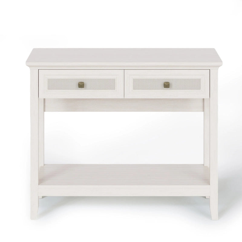 Console en rotin naturel de style bohème avec plateau élargi et 2 tiroirs
