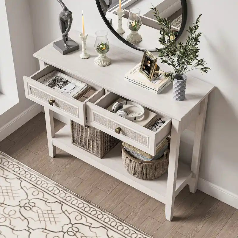 Console en rotin naturel de style bohème avec plateau élargi et 2 tiroirs