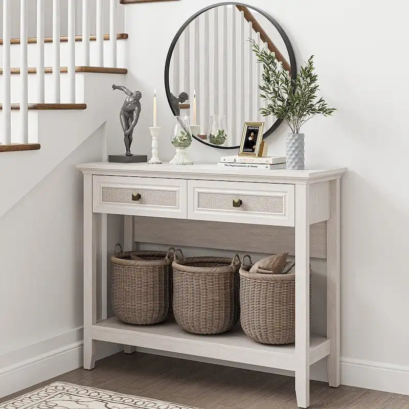 Console en rotin naturel de style bohème avec plateau élargi et 2 tiroirs