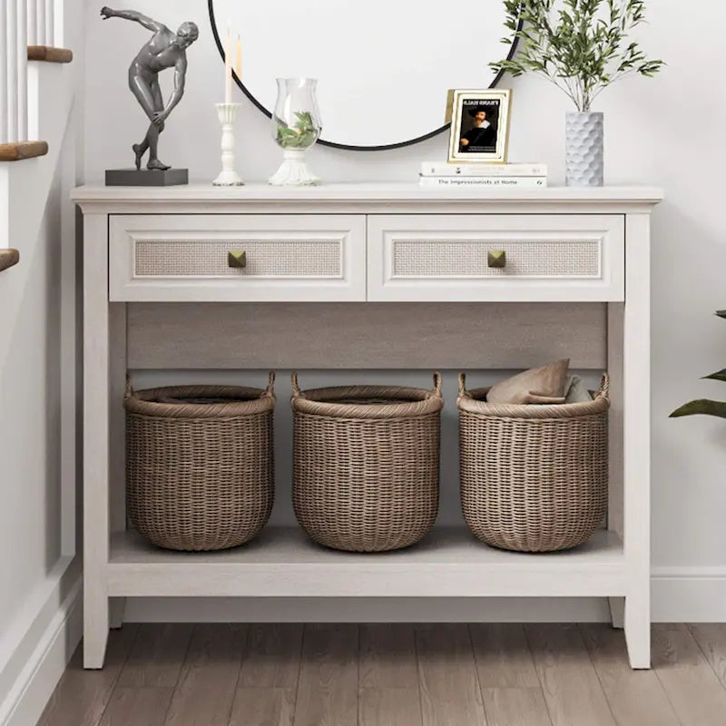 Console en rotin naturel de style bohème avec plateau élargi et 2 tiroirs