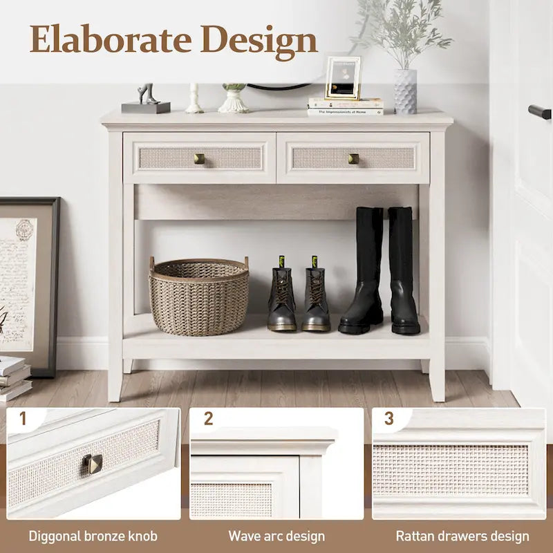 Console en rotin naturel de style bohème avec plateau élargi et 2 tiroirs