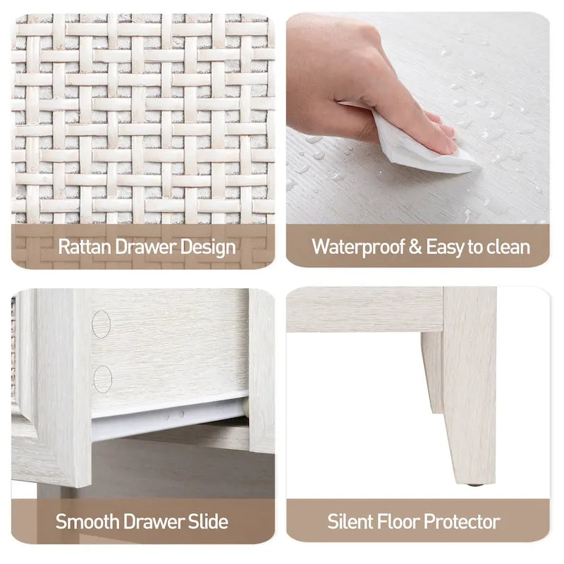 Console en rotin naturel de style bohème avec plateau élargi et 2 tiroirs