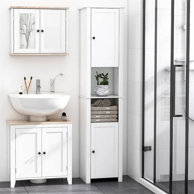 Colonne de salle de bain haute, Meuble de rangement autoportant avec étagères à 2 niveaux