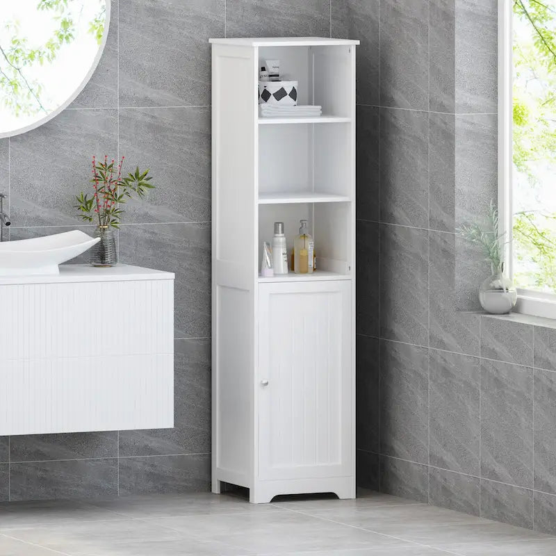 Meuble de rangement pour linge de salle de bain de 160 cm de hauteur, armoire de rangement autoportante avec 1 porte et étagères réglables, blanc